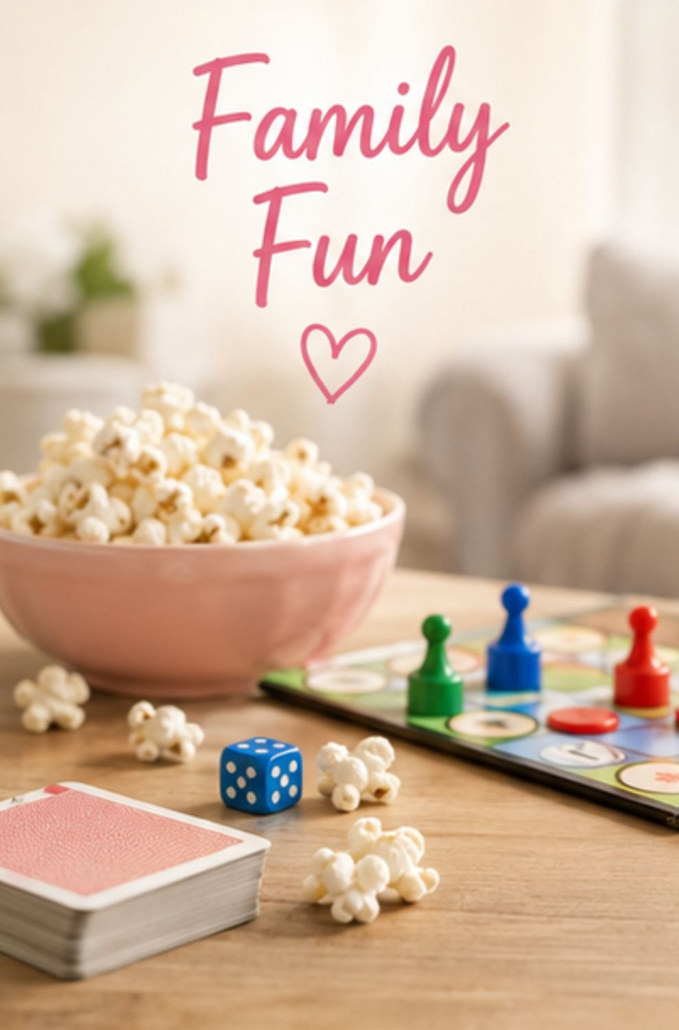 Family Fun — popcorn, cards, dice, and a board game