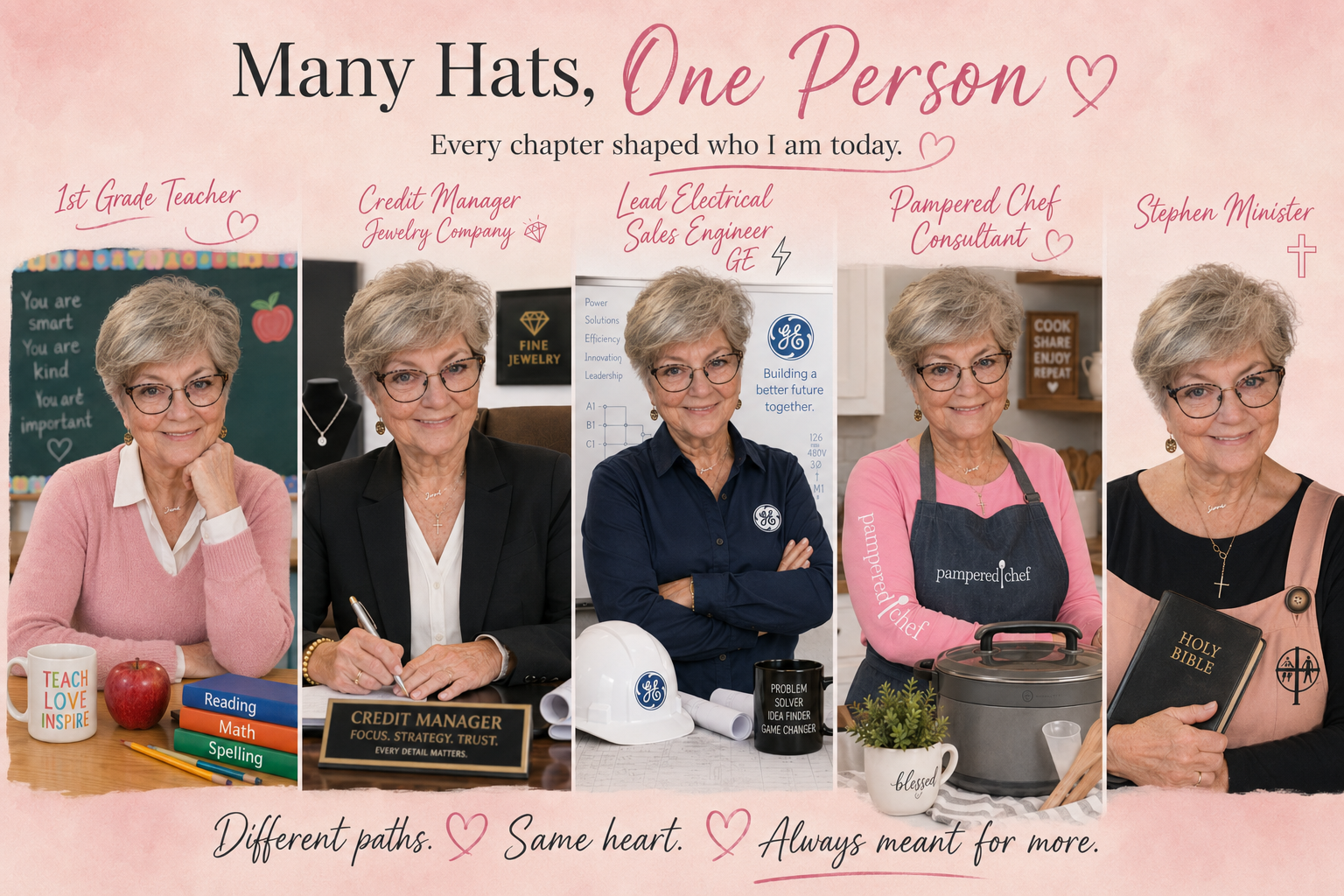 Many Hats, One Person collage showing chapters of Lissa's life and career