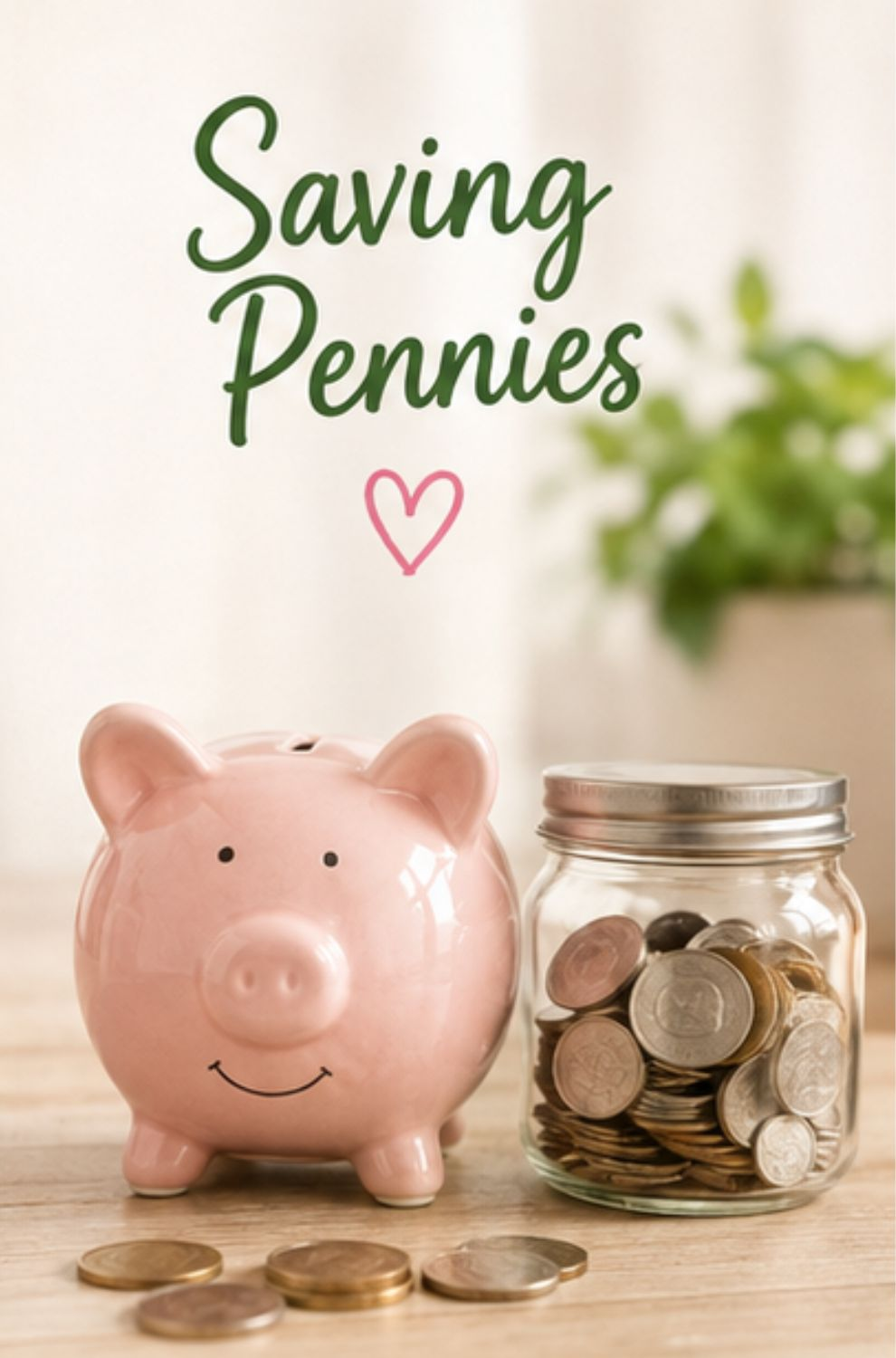 Saving Pennies — piggy bank and jar of coins